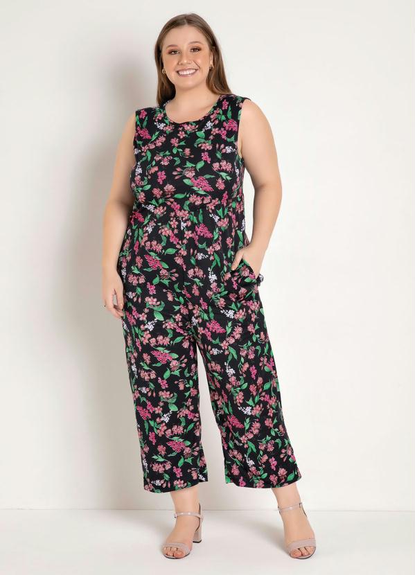 Macac�o (Floral Preto) com Bolsos Plus Size