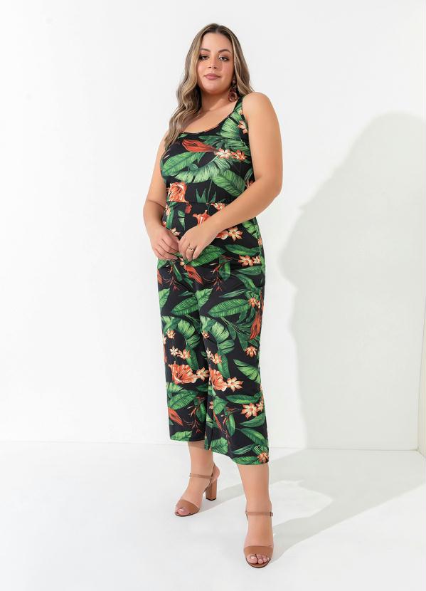 Macacão Pantacourt (Floral) com Alças Plus Size Macacão Pantacourt (Floral) com Alças Plus Size