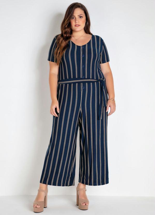 Macac�o Plus Size Pantacourt (Listrado Marinho)