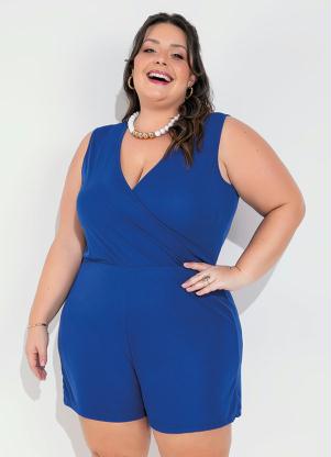 Macaquinho (Azul) de Decote Transpassado Plus Size Macaquinho (Azul) de Decote Transpassado Plus Size