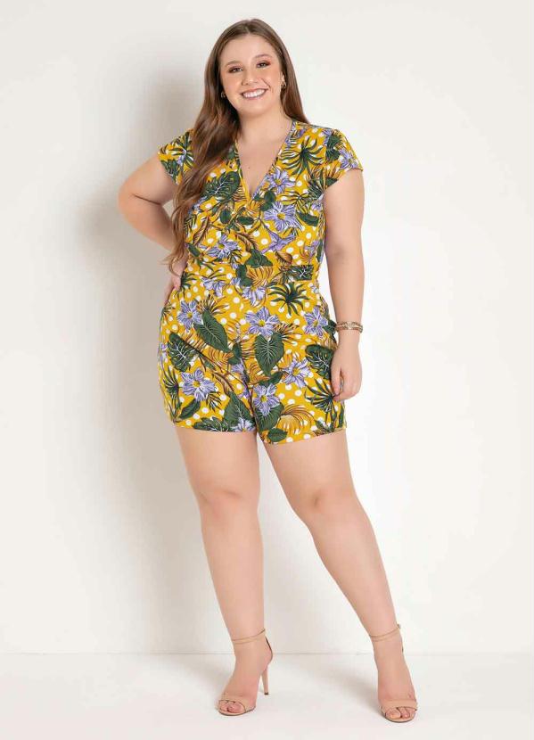Macaquinho (Floral Amarelo) com Mangas Plus Size