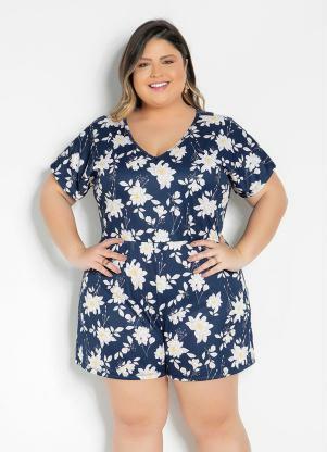Macaquinho (Floral Azul) com Amarração Plus Size Macaquinho (Floral Azul) com Amarração Plus Size