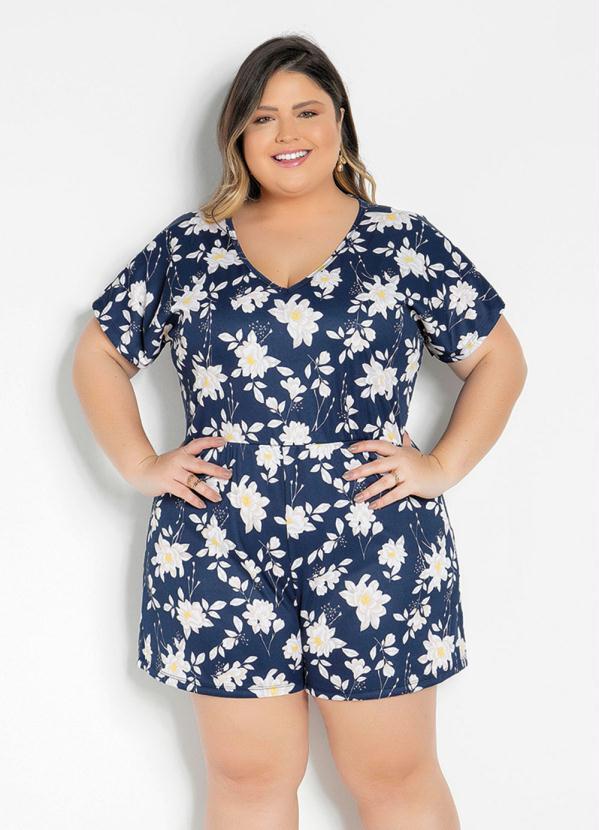 Macaquinho (Floral Azul) com Amarração Plus Size Macaquinho (Floral Azul) com Amarração Plus Size