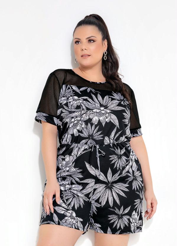 Macaquinho (Floral) com Malha Arrast�o Plus Size