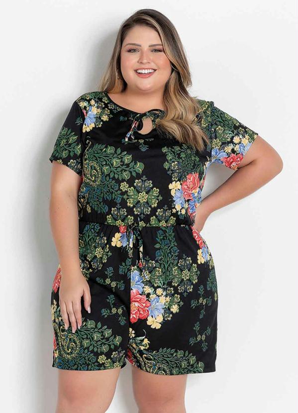 Macaquinho (Floral Preto) com Mangas Plus Size Macaquinho (Floral Preto) com Mangas Plus Size