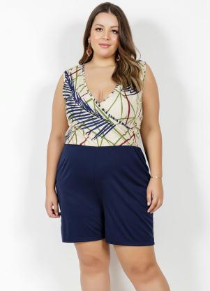 Macaquinho (Folhagem e Marinho) Plus Size Macaquinho (Folhagem e Marinho) Plus Size