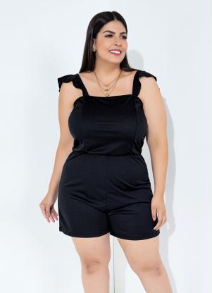 Macaquinho (Preto) com Babados nas Al�as Plus Size