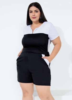 Macaquinho (Preto e Branco) com Bolsos Plus Size