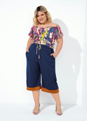 Calça (Marinho e Caramelo) com Recorte Plus Size Calça (Marinho e Caramelo) com Recorte Plus Size