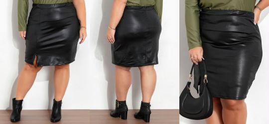 Saia Preta em Cirr� com Fenda Plus Size