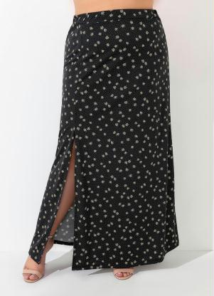 Saia Longa (Floral Preta) com Fenda Plus Size