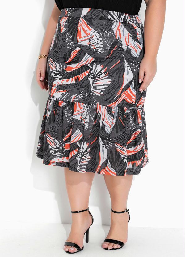 Saia (Animal Print Cinza) com Franzido Plus Size