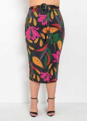 Saia (Floral) L�pis com Faixa Gr�tis Plus Size