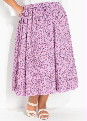Saia (Floral Lilás) Evasê Plissada Plus Size Saia (Floral Lilás) Evasê Plissada Plus Size