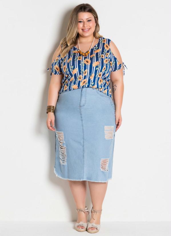 saia jeans plus size midi