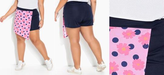 Short-Saia Azul e Floral Sobreposi��o Plus Size