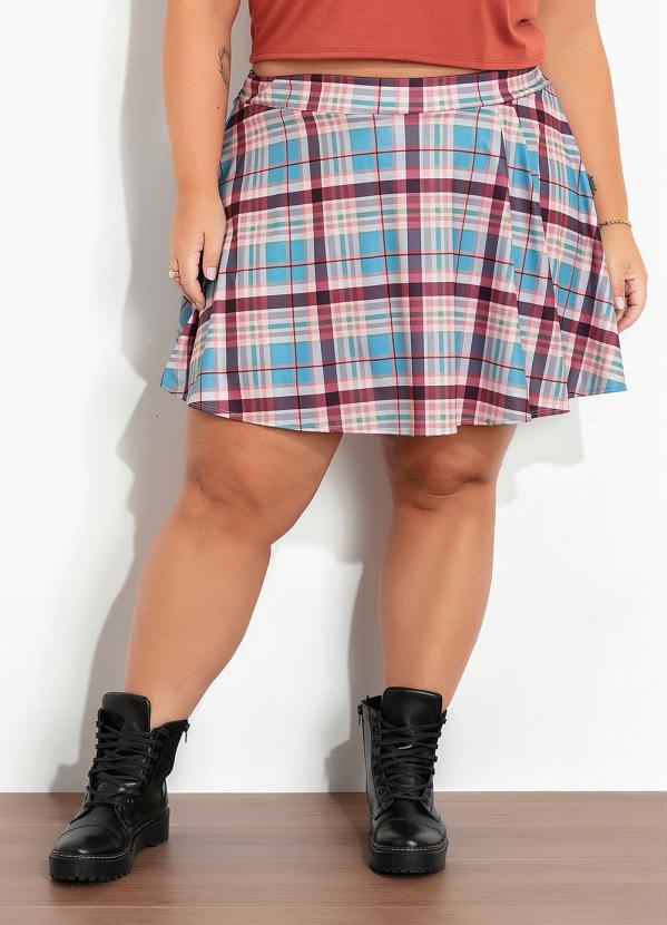 Short-Saia (Xadrez) com Sobreposi��o Plus Size