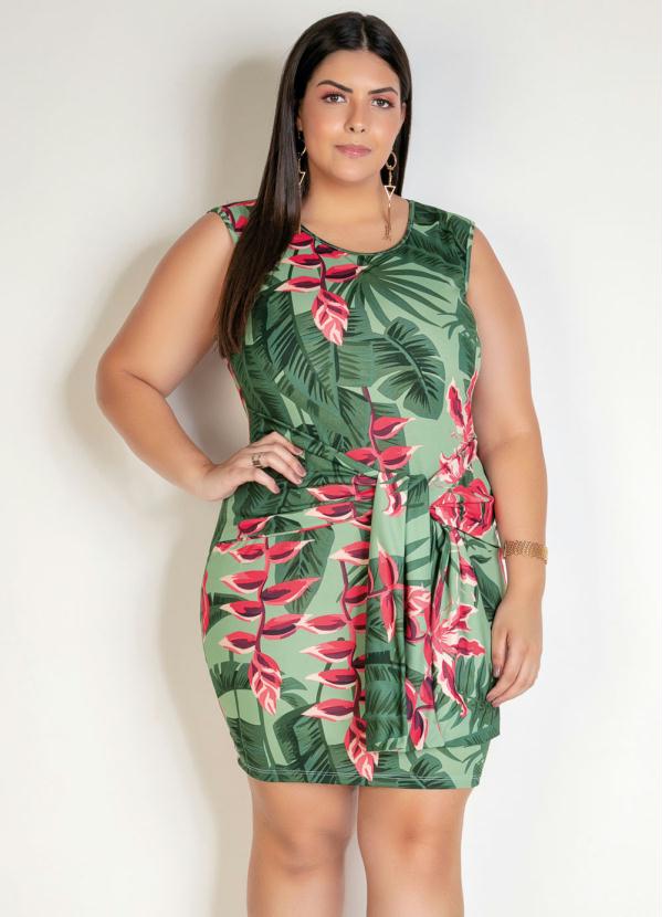 Vestido Curto (Folhagem Verde) com Faixa Plus Size Vestido Curto (Folhagem Verde) com Faixa Plus Size