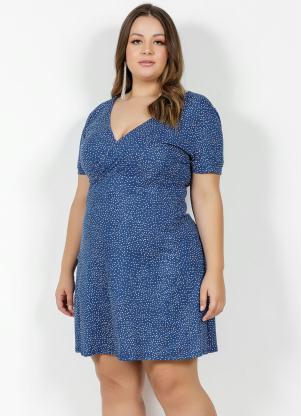 Vestido Curto (Po� Azul) com Transpasse Plus Size