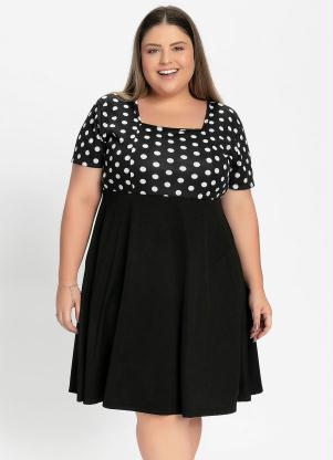 Vestido Curto (Poá e Preto) com Mangas Plus Size Vestido Curto (Poá e Preto) com Mangas Plus Size