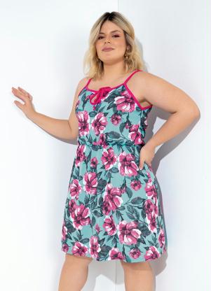 Vestido (Floral) com Amarra��o no Decote Plus Size