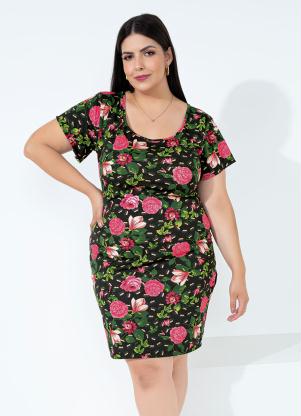 Vestido (Floral) com Mangas Curtas Plus Size Vestido (Floral) com Mangas Curtas Plus Size