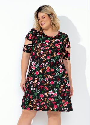 Vestido (Floral) com Recorte nas Mangas Plus Size Vestido (Floral) com Recorte nas Mangas Plus Size