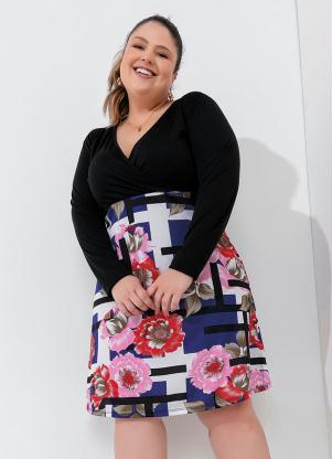 Vestido (Floral Geométrico e Preto) Plus Size Vestido (Floral Geométrico e Preto) Plus Size