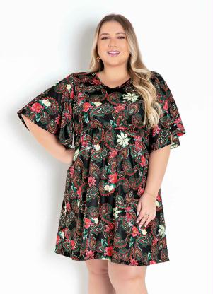 Vestido (Floral Preto) com Mangas Amplas Plus Size