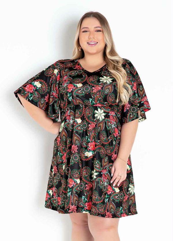 Vestido (Floral Preto) com Mangas Amplas Plus Size