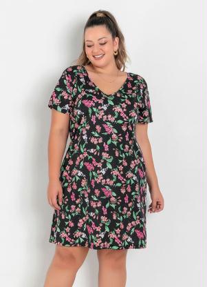 Vestido (Floral Preto) com Mangas Plus Size