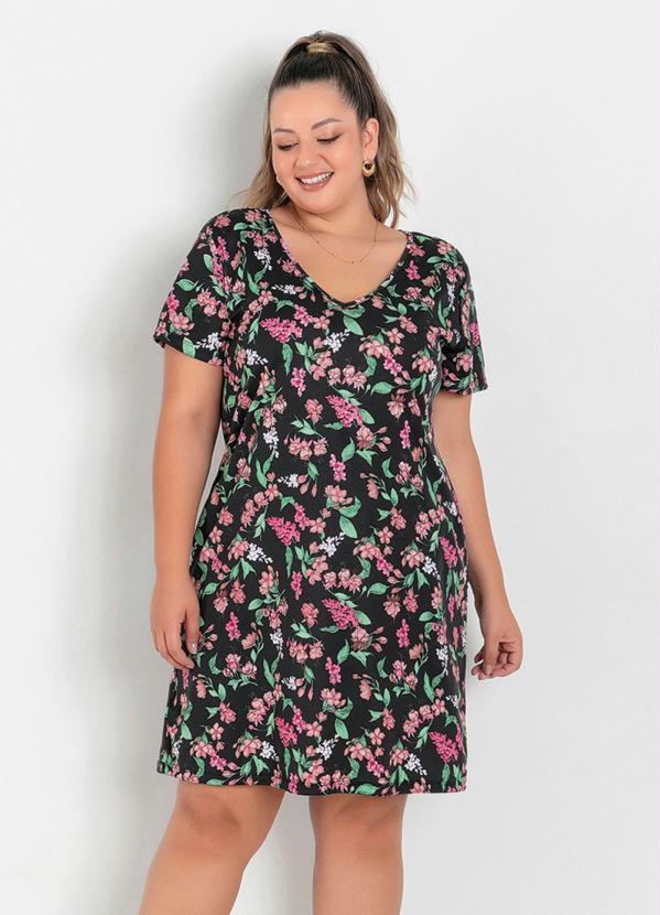 Vestido (Floral Preto) com Mangas Plus Size