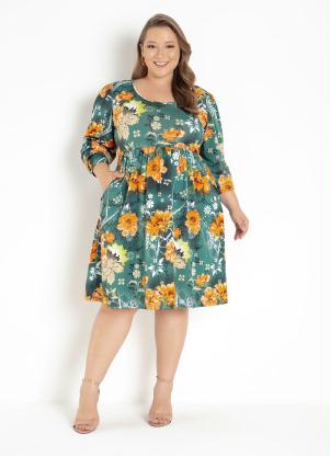 Vestido (Floral Verde) com Franzidos Plus Size