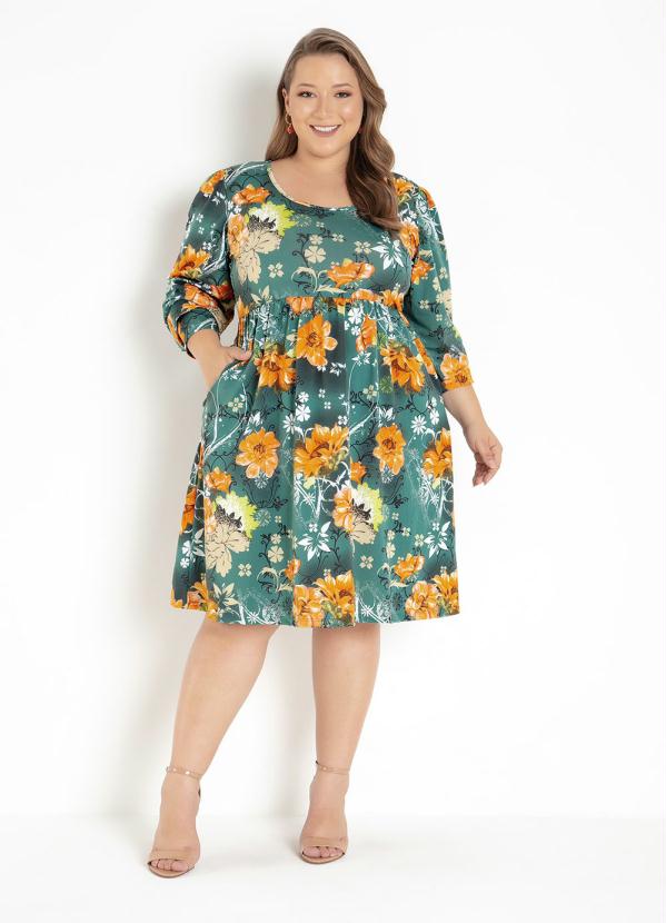 Vestido (Floral Verde) com Franzidos Plus Size