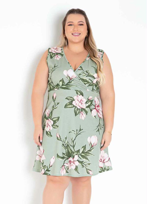Vestido (Floral Verde) com Transpasse Plus Size