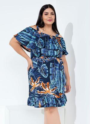 Vestido (Folhagem Azul) Ciganinha Plus Size