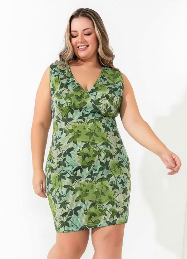 Vestido (Folhagem Verde) com Franzidos Plus Size Vestido (Folhagem Verde) com Franzidos Plus Size