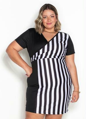 Vestido (Listrado e Preto) com Recorte Plus Size