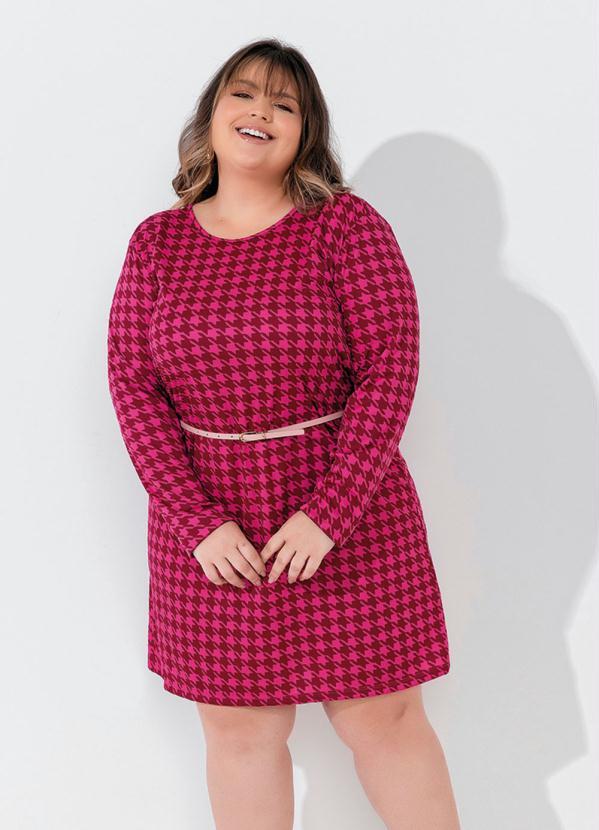 Vestido (Pied de Coq Pink) com Mangas Plus Size