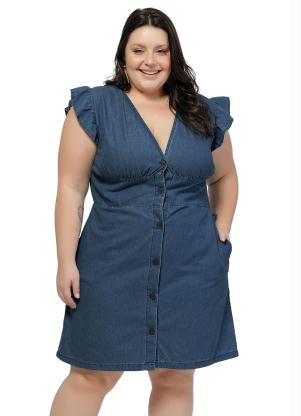 Vestido Plus Size (Jeans Escuro) com Babados