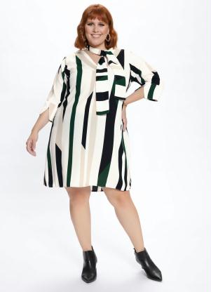Vestido Plus Size (Listrado) com Amarra��o na Gola