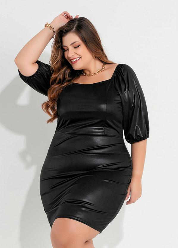 Vestido Plus Size (Preto) com Mangas Bufantes