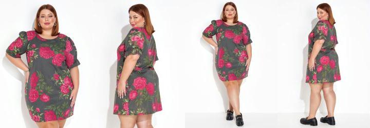 Vestido Po� Preto com Mangas Curtas Plus Size