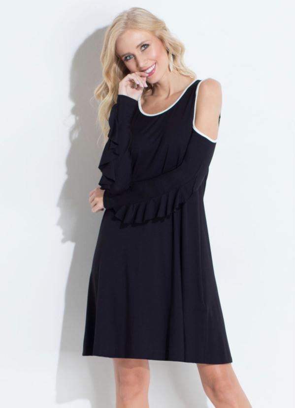 Vestido (Preto) com Babados nas Mangas Vestido (Preto) com Babados nas Mangas