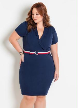 Vestido Transpassado com Faixa (Marinho) Plus Size