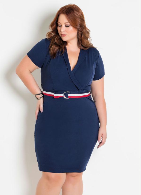 Vestido Transpassado com Faixa (Marinho) Plus Size