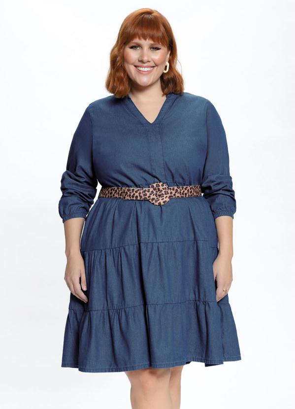 Vestido Plus Size com Gola Padre (Jeans Escuro)