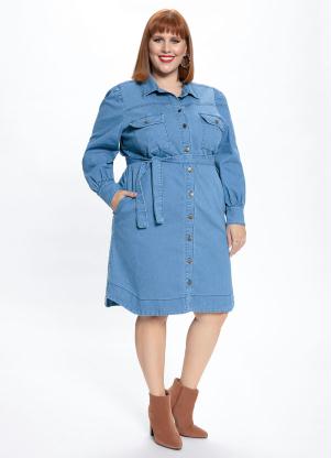 Vestido Plus Size (Jeans Claro) com Franzido
