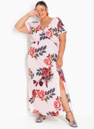 Vestido (Floral Rosa) com Fenda na Barra Plus Size