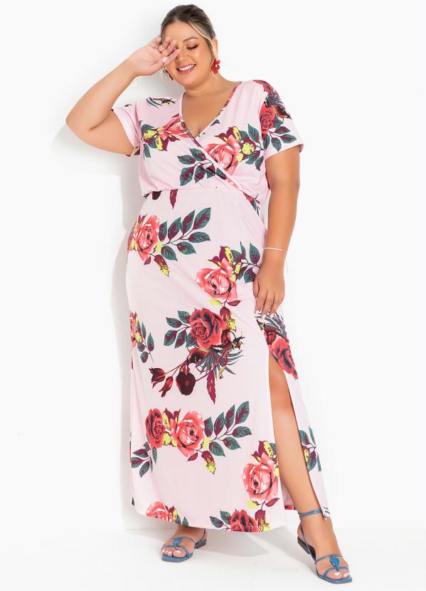 Vestido (Floral Rosa) com Fenda na Barra Plus Size